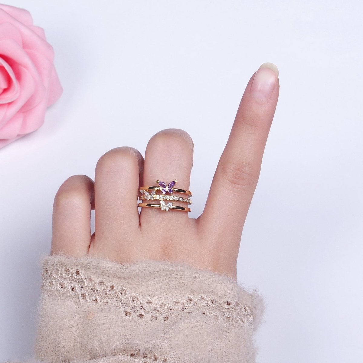 14K Gold Filled Purple CZ Butterfly Mariposa Clear Micro Paved Triple Band Ring in Gold &amp; Silver | O-1559 O-1560