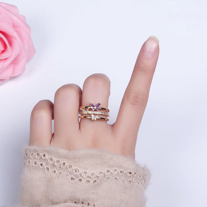 14K Gold Filled Purple CZ Butterfly Mariposa Clear Micro Paved Triple Band Ring in Gold &amp; Silver | O-1559 O-1560