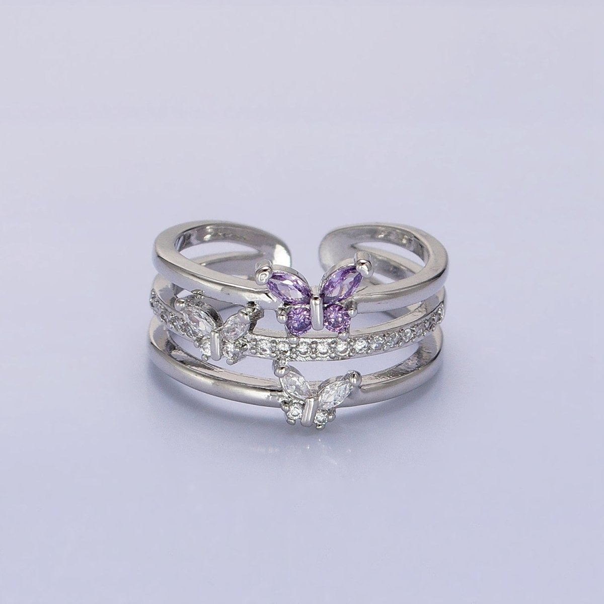 14K Gold Filled Purple CZ Butterfly Mariposa Clear Micro Paved Triple Band Ring in Gold &amp; Silver | O-1559 O-1560