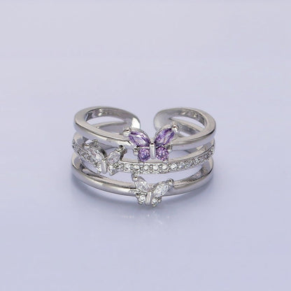 14K Gold Filled Purple CZ Butterfly Mariposa Clear Micro Paved Triple Band Ring in Gold &amp; Silver | O-1559 O-1560