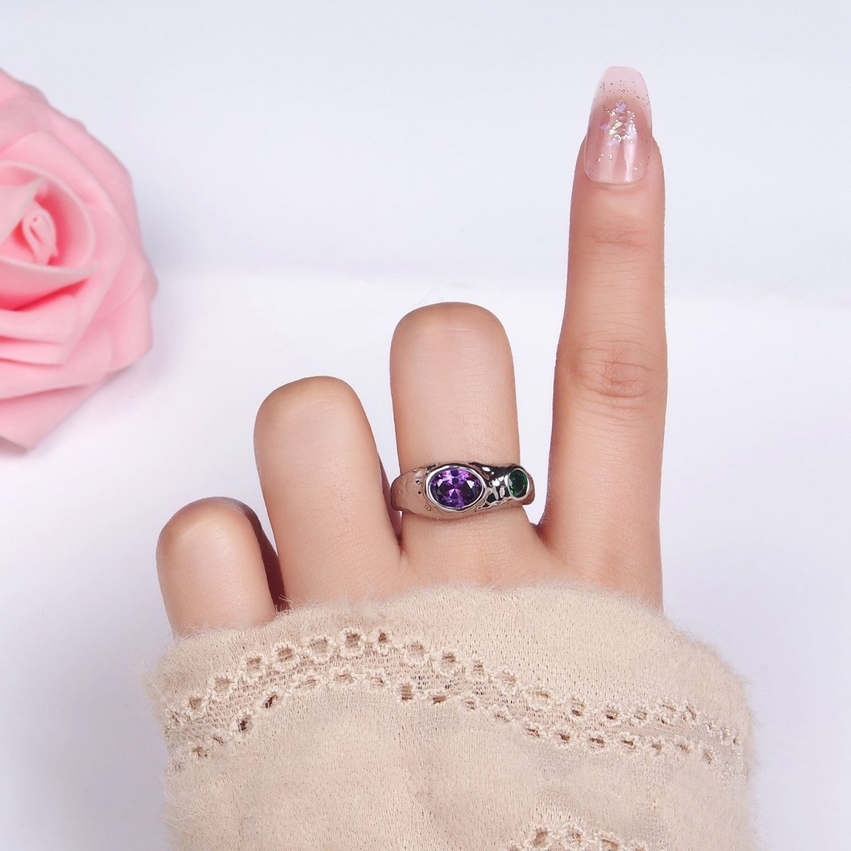 14K Gold Filled Purple Green CZ Hammered Ring in Gold &amp; Silver | O1339 O1340