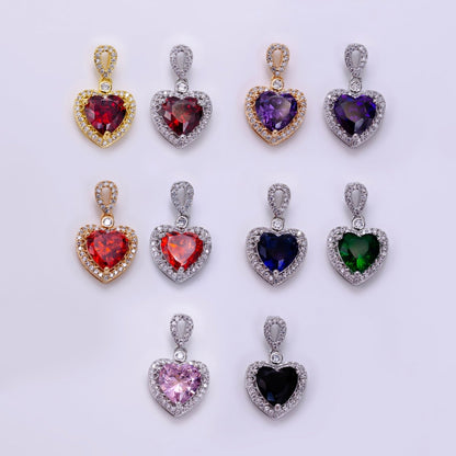 14K Gold Filled Red, Orange, Purple, Blue, Green, Pink, Black Heart Micro Paved CZ Pendant in Gold &amp; Silver | AA1258 - AA1264
