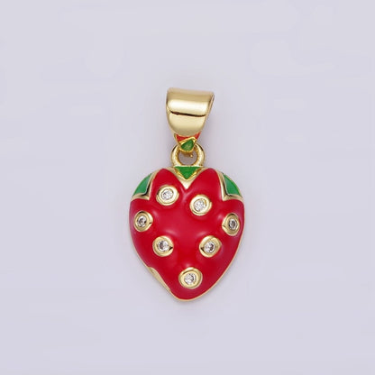 14K Gold Filled Red Strawberry Fruit CZ Enamel Pendant | AH079