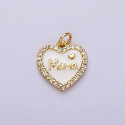 14K Gold Filled Red, White Enamel "Mama" Script Micro Paved CZ Heart Charm | AC1373 AC1374