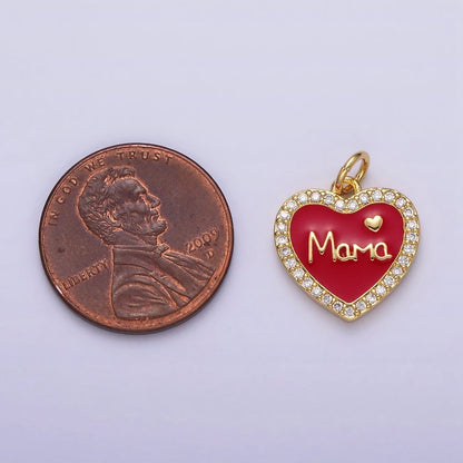 14K Gold Filled Red, White Enamel "Mama" Script Micro Paved CZ Heart Charm | AC1373 AC1374
