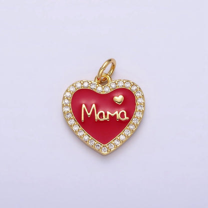 14K Gold Filled Red, White Enamel "Mama" Script Micro Paved CZ Heart Charm | AC1373 AC1374