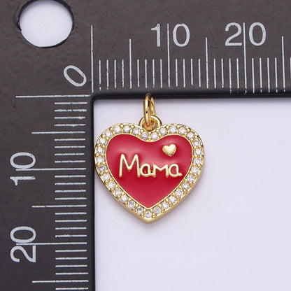 14K Gold Filled Red, White Enamel "Mama" Script Micro Paved CZ Heart Charm | AC1373 AC1374