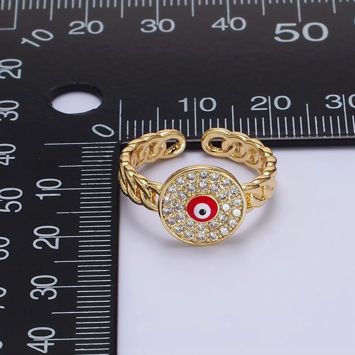 14K Gold Filled Red, White Evil Eye Enamel Round Clear Micro Paved CZ Curb Link Adjustable Ring | O-594 O-595
