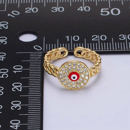 14K Gold Filled Red, White Evil Eye Enamel Round Clear Micro Paved CZ Curb Link Adjustable Ring | O-594 O-595
