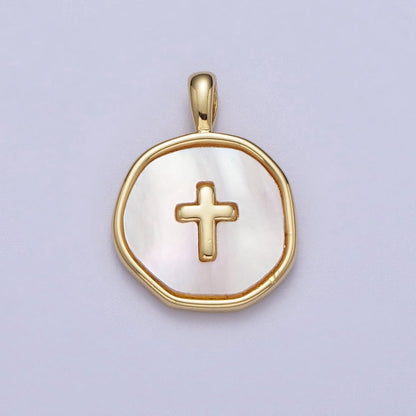 14K Gold Filled Religious Cross Shell Pearl, Abalone Round Pendant I-341 I-370