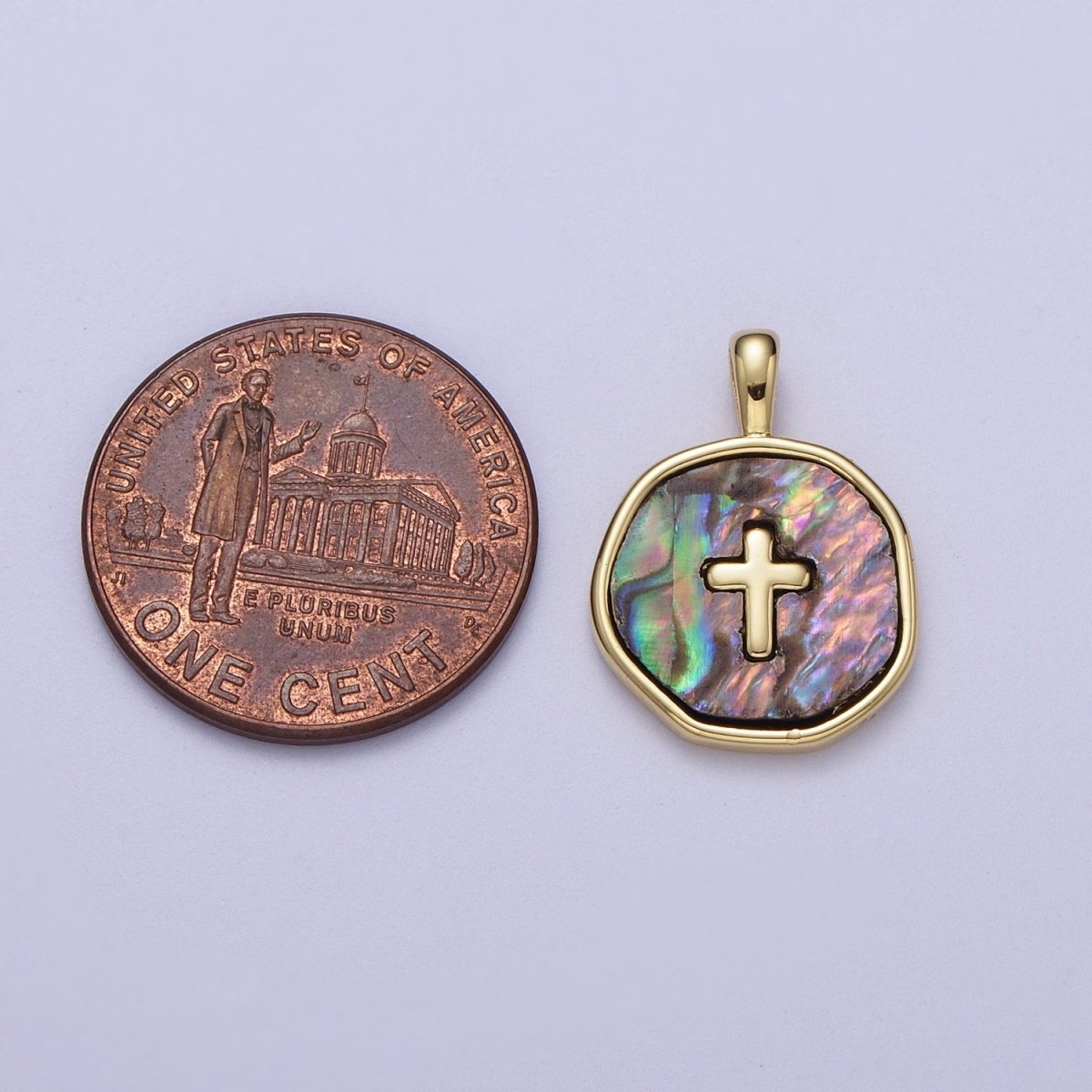 14K Gold Filled Religious Cross Shell Pearl, Abalone Round Pendant I-341 I-370