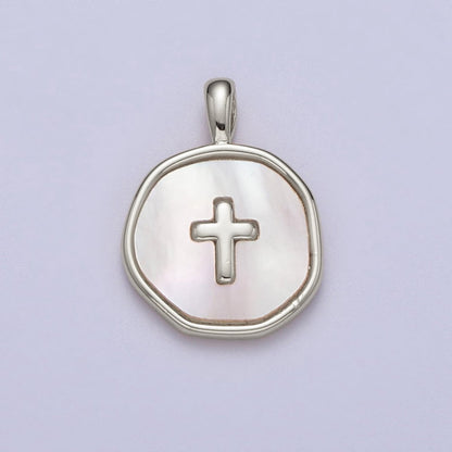 14K Gold Filled Religious Cross Shell Pearl, Abalone Round Pendant I-341 I-370
