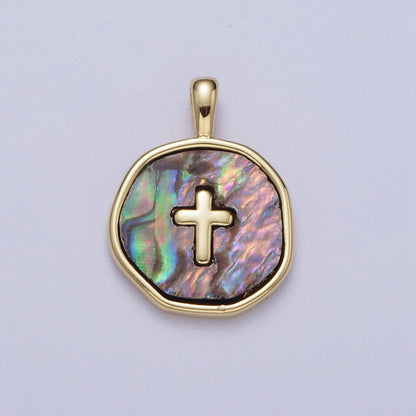 14K Gold Filled Religious Cross Shell Pearl, Abalone Round Pendant I-341 I-370
