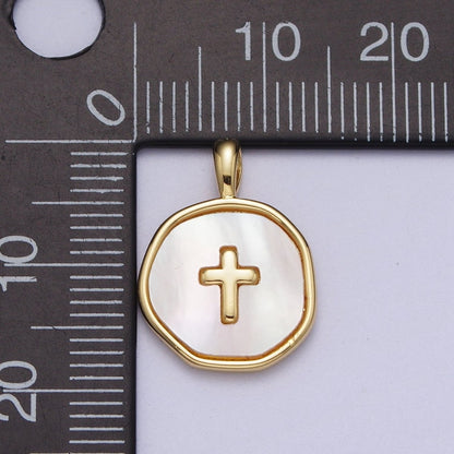 14K Gold Filled Religious Cross Shell Pearl, Abalone Round Pendant I-341 I-370