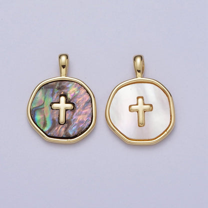 14K Gold Filled Religious Cross Shell Pearl, Abalone Round Pendant I-341 I-370