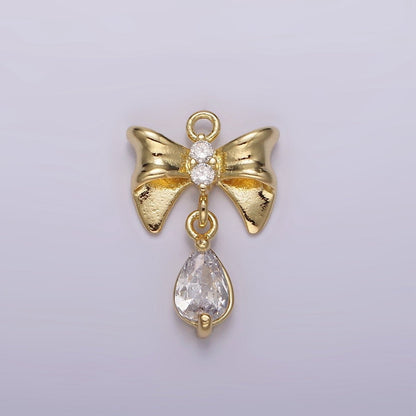 14K Gold Filled Ribbon Bow Clear Teardrop CZ Drop Charm | AG615
