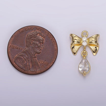 14K Gold Filled Ribbon Bow Clear Teardrop CZ Drop Charm | AG615