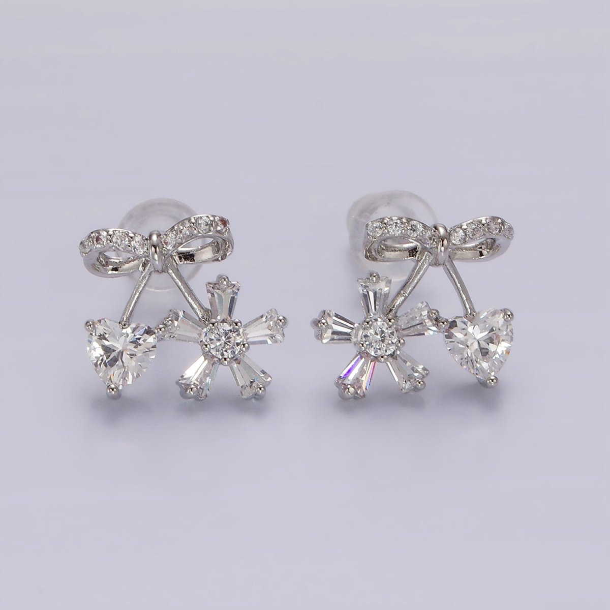 14K Gold Filled Ribbon Micro Paved CZ Heart Flower Stud Earrings in Gold &amp; Silver | V318