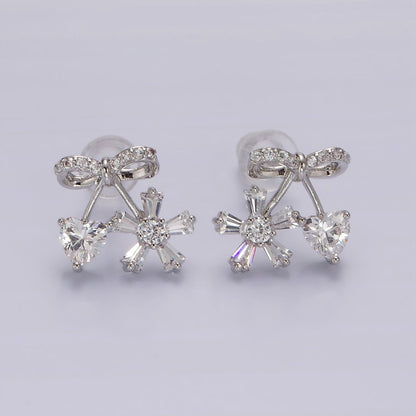 14K Gold Filled Ribbon Micro Paved CZ Heart Flower Stud Earrings in Gold &amp; Silver | V318