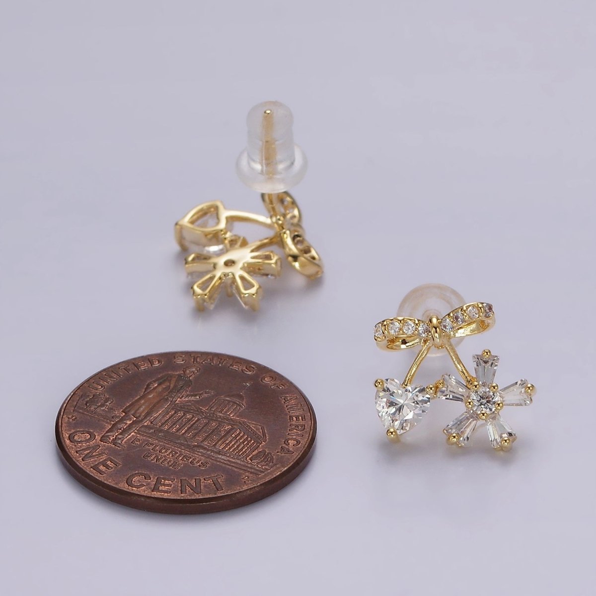 14K Gold Filled Ribbon Micro Paved CZ Heart Flower Stud Earrings in Gold &amp; Silver | V318