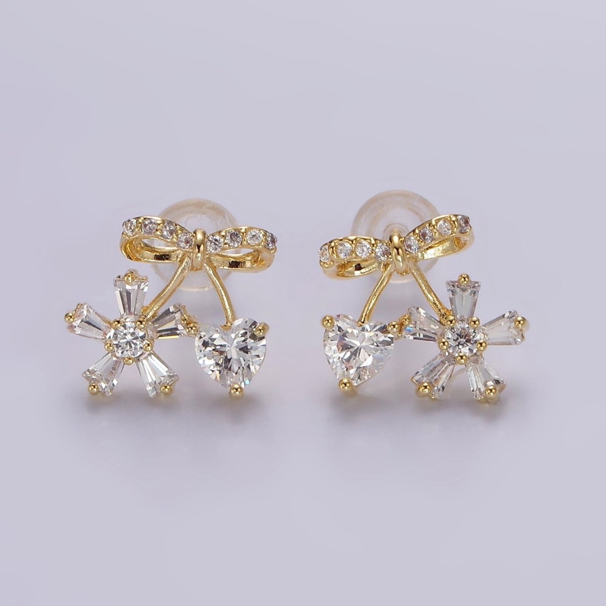 14K Gold Filled Ribbon Micro Paved CZ Heart Flower Stud Earrings in Gold &amp; Silver | V318
