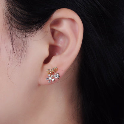 14K Gold Filled Ribbon Micro Paved CZ Heart Flower Stud Earrings in Gold &amp; Silver | V318