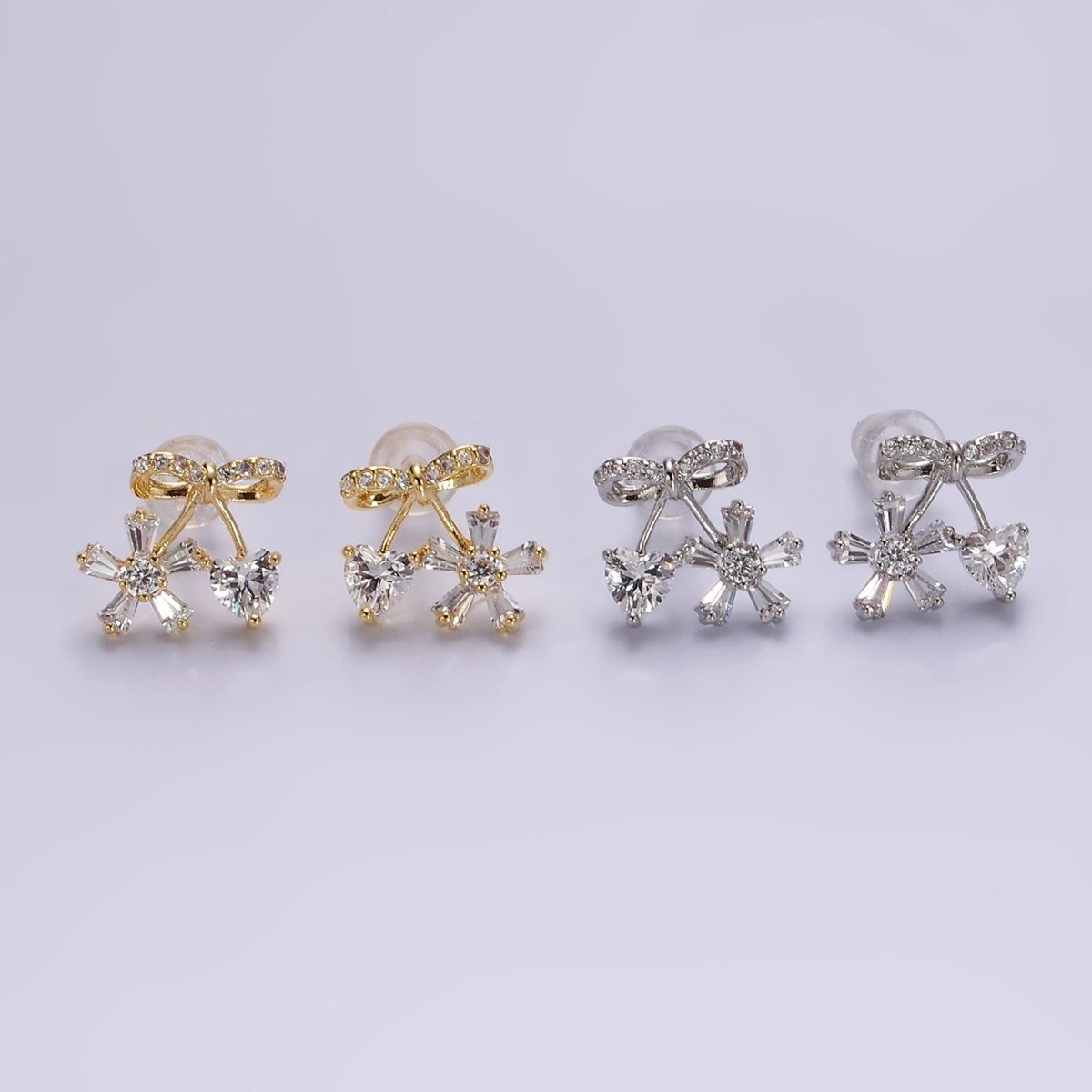 14K Gold Filled Ribbon Micro Paved CZ Heart Flower Stud Earrings in Gold &amp; Silver | V318