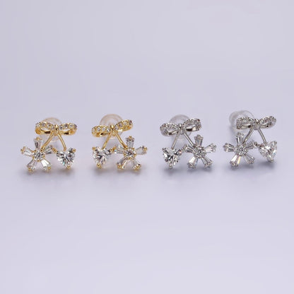 14K Gold Filled Ribbon Micro Paved CZ Heart Flower Stud Earrings in Gold &amp; Silver | V318