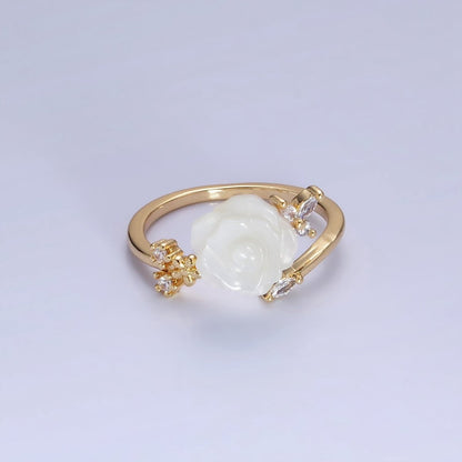 14K Gold Filled Rose Flower Shell Pearl Marquise CZ Leaf Ring | O1315