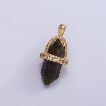 14K Gold Filled Rose Quartz, Amethyst, Labradorite, Aquamarine, Howlite, Onyx Pointed Wand Micro Paved Pendant | N1994 - N2006