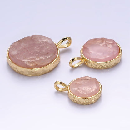 14K Gold Filled Rose Quartz Gemstone Hammered Bezel Pendant | I653 I654