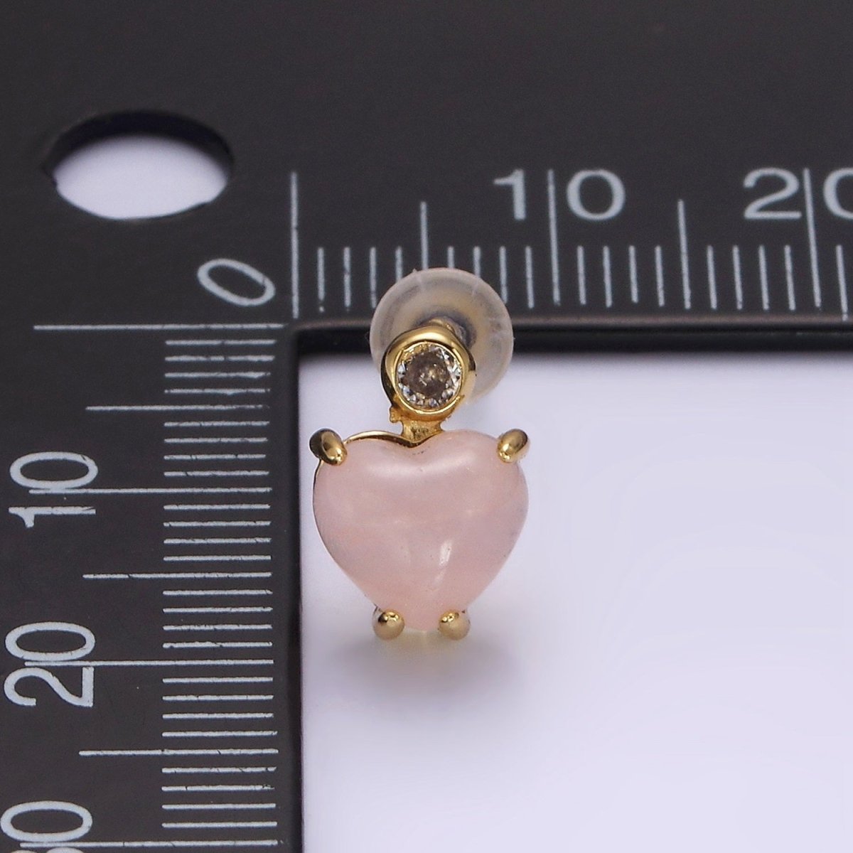14K Gold Filled Rose Quartz Heart Clear CZ Drop Stud Earrings | AE985