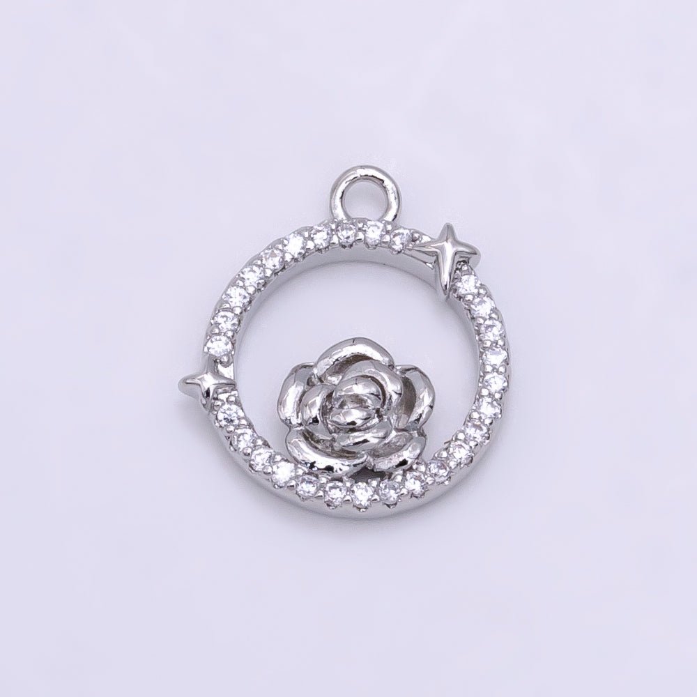 14K Gold Filled Rose Star Open Micro Paved Round Charm in Gold &amp; Silver | W469 W470