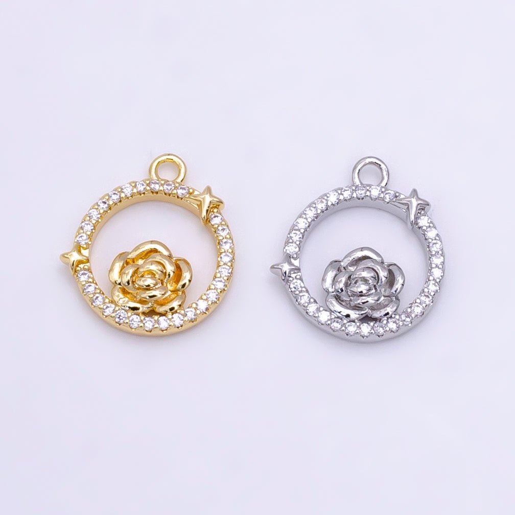 14K Gold Filled Rose Star Open Micro Paved Round Charm in Gold &amp; Silver | W469 W470