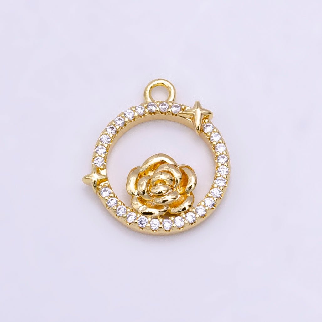 14K Gold Filled Rose Star Open Micro Paved Round Charm in Gold &amp; Silver | W469 W470