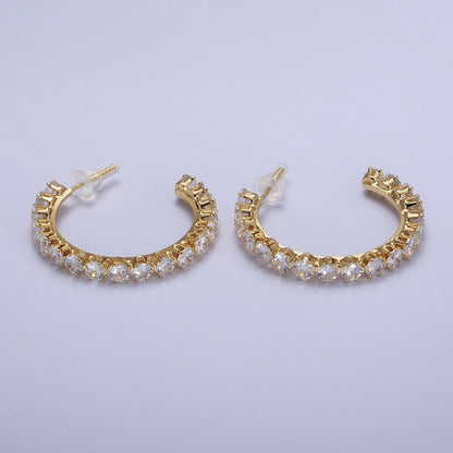 14K Gold Filled Round Clear CZ Lined C-Shaped 36mm Hoop Earrings | AB157