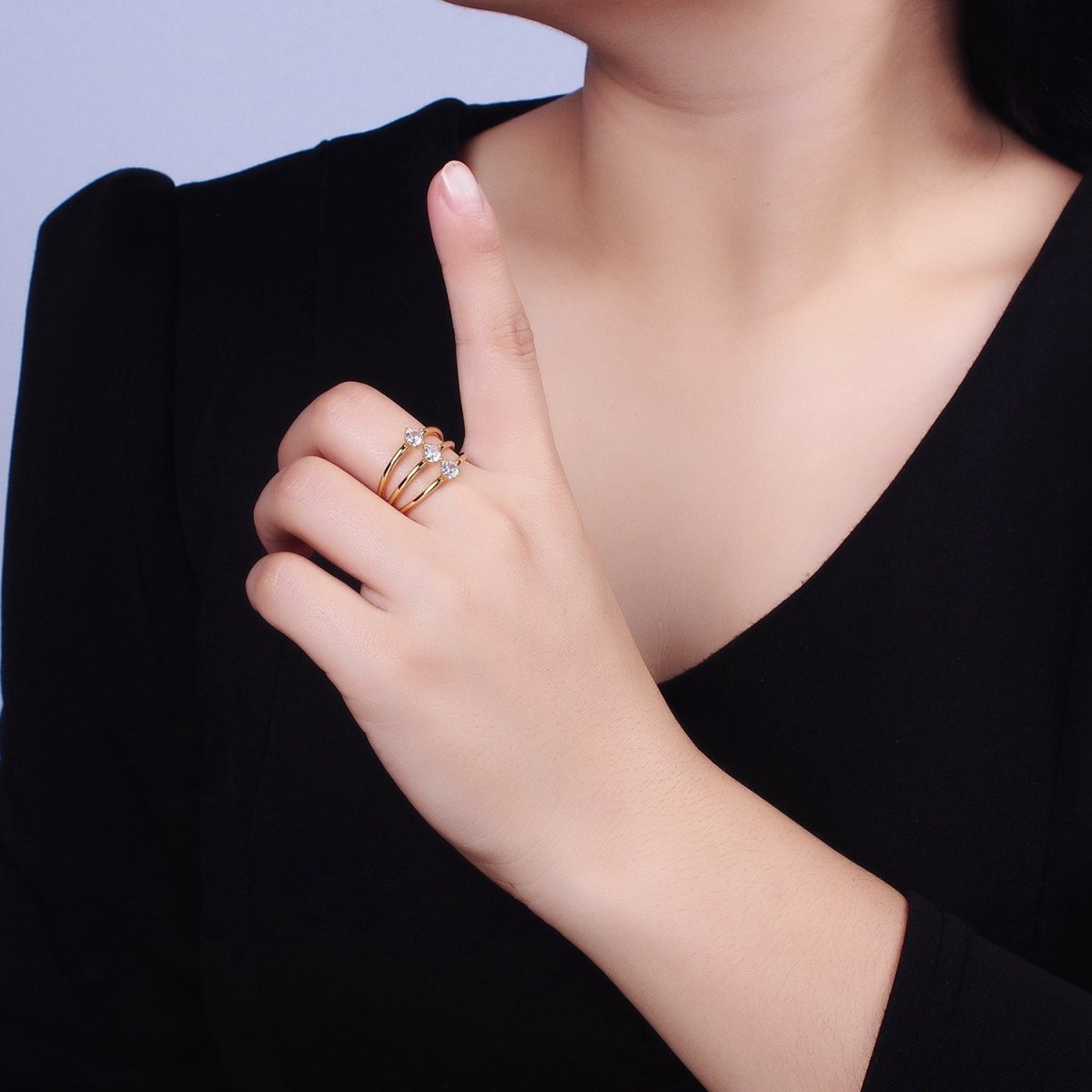 14K Gold Filled Round Clear CZ Triple Band Ring in Gold &amp; Silver | O1950 O1951