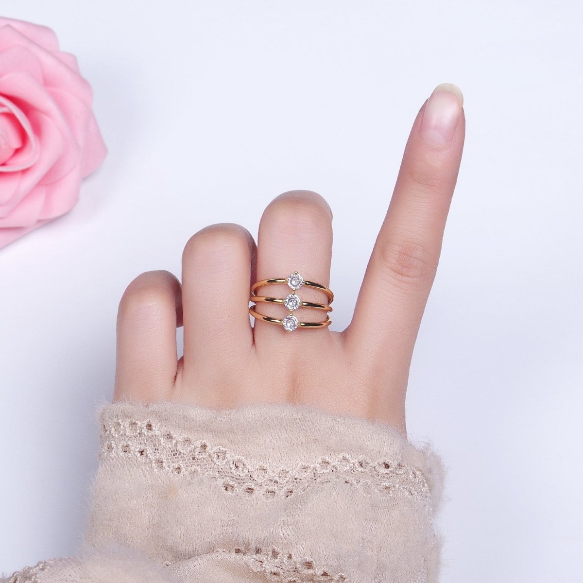 14K Gold Filled Round Clear CZ Triple Band Ring in Gold &amp; Silver | O1950 O1951