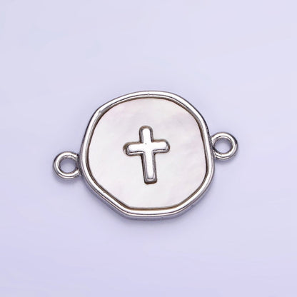 14K Gold Filled Round Coin Cross Charm Connector Shell Pearl Link Connector | G287