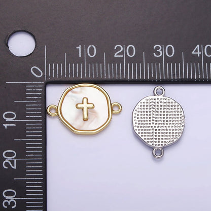 14K Gold Filled Round Coin Cross Charm Connector Shell Pearl Link Connector | G287