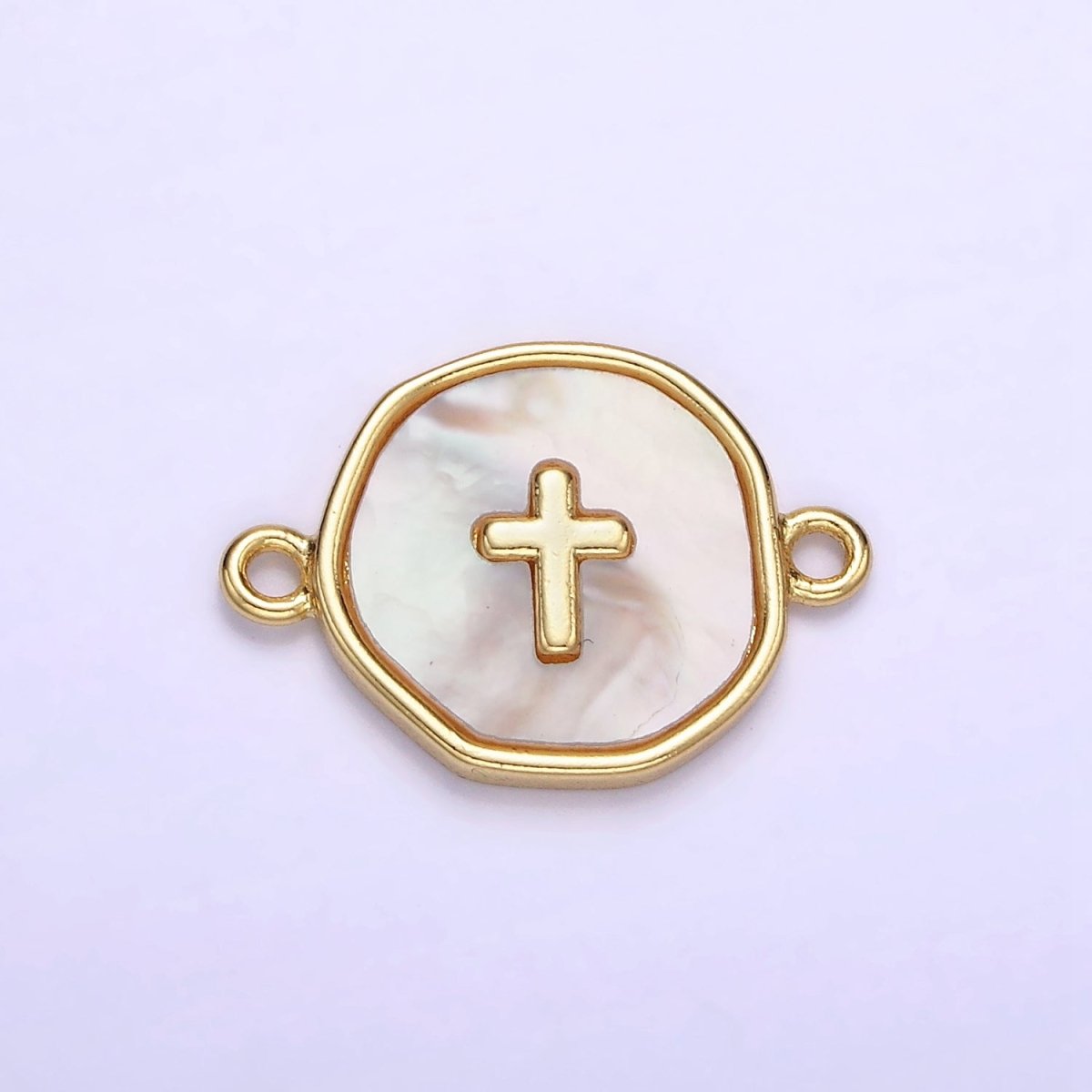 14K Gold Filled Round Coin Cross Charm Connector Shell Pearl Link Connector | G287