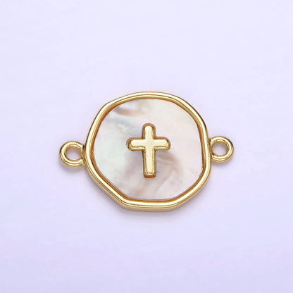 14K Gold Filled Round Coin Cross Charm Connector Shell Pearl Link Connector | G287