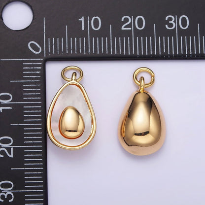 14K Gold Filled Shell Pearl Avocado Double Abstract Teardrop Bezel Charm | W504