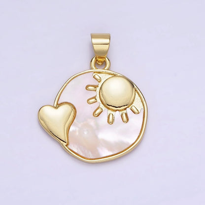 14K Gold Filled Shell Pearl Heart Celestial Sun, Moon Round Pendant | AH153 AA741