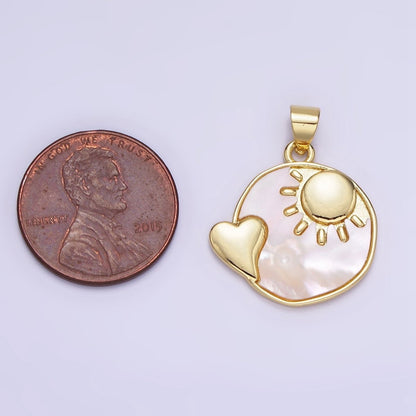 14K Gold Filled Shell Pearl Heart Celestial Sun, Moon Round Pendant | AH153 AA741