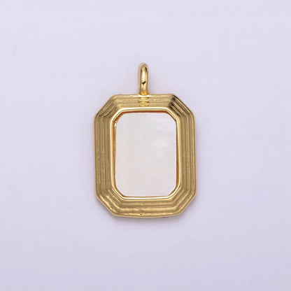14K Gold Filled Shell Pearl Hexagonal Lined Edged Pendant | N-1017