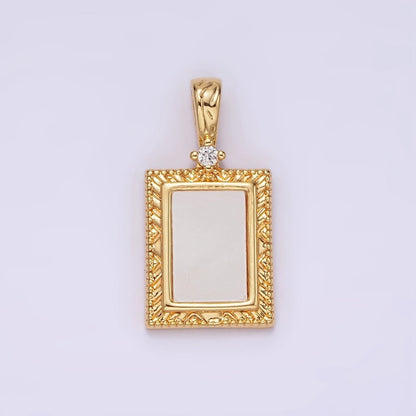 14K Gold Filled Shell Pearl Line-Textured Textured Rectangular Clear CZ Tag Pendant | N1799