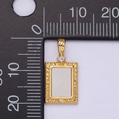 14K Gold Filled Shell Pearl Line-Textured Textured Rectangular Clear CZ Tag Pendant | N1799