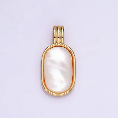 14K Gold Filled 16.5mm Shell Pearl Oblong Bezel Triple Band Pendant in Gold &amp; Silver |  AA973