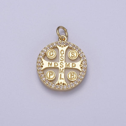 14K Gold Filled St. Benedict CSSML NDSMD Cross Micro Paved Shell Pearl Charm | C411